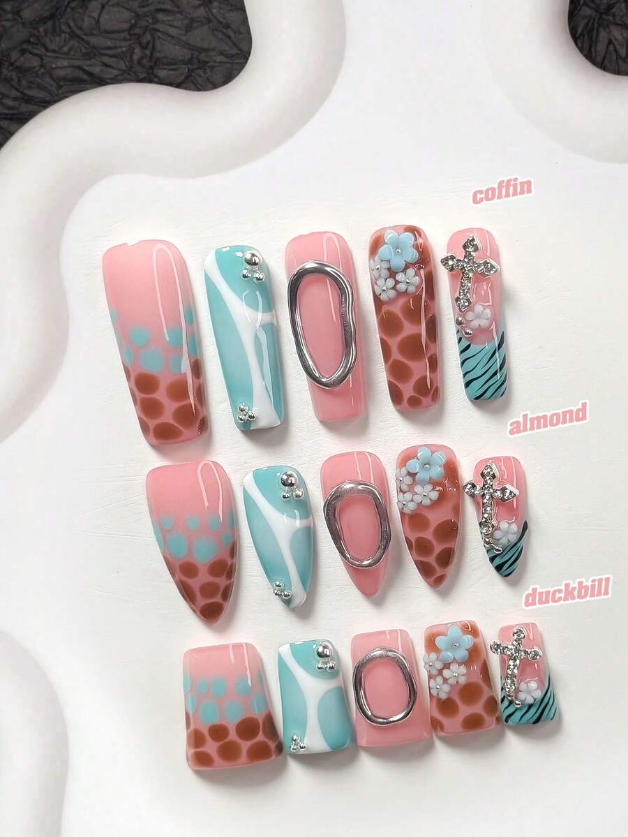 10pcs Y2K Style Acrylic Nail Art Kit, Includes Acrylic Nail Stickers, Hand-Painted Blue, Brown Stone Texture, Black Tree Branch Nail Decor, Blue 5-Petal Flower, Silver Steel Ball Nail Accessories, Blue Nail Polish, Comes With Nail Tools (1 Jelly Sticker + 1 Nail File) 3 Sizes Available: Almond, Duck Mouth, Coffin Press On Nails - 彩色 - 查看 1