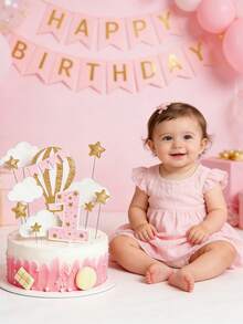 12 pièces Ensemble de décorations en papier pour gâteau de 1er anniversaire, comprenant fanions, étoiles, nuages, montgolfières, chiffre 1, couleur rose, convient pour baby shower et fête d'anniversaire - A - Voir 4