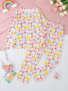 2件套女童休闲可爱卡通印花圆领长袖卫衣和裤子睡衣套装，阻燃，四季皆宜 - 彩色 - 查看 1