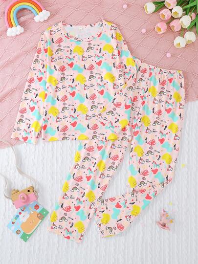 2件套女童休闲可爱卡通印花圆领长袖卫衣和裤子睡衣套装，阻燃，四季皆宜