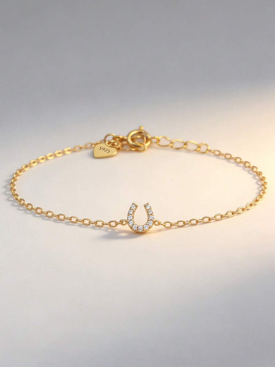 1 chiếc dây chuyền bạc S925, mặt dây chuyền hình chữ U đính đá Zirconia, kiểu dáng tối giản Nhật Bản, mạ vàng 14K, thích hợp để đeo hàng ngày. - Vàng - Xem 1