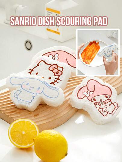 SANRIO Kitchen Sponge & Scouring Pad Set, Hello Kitty My Melody & Cinnamoroll Themed Non-Scratch Dish Sponge, Effectively Removes Oil Stains, Food Residue & Baked-On Grease, Dense Foam & Abrasive 電話Perfect for Family, Apartment & College Dorm Use, Cute Kawaii Gift for Sanrio Collectors & Anime Fans, Organized Kitchen Cleaning Tool