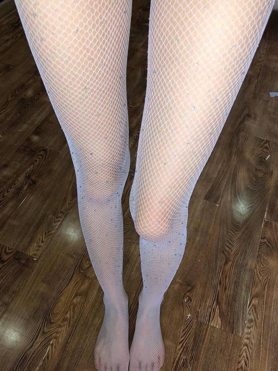 女士白色水钻渔网袜，闪亮亮片网眼连裤袜，性感透明丝袜，适合派对和日常穿着 - 白色 - 查看 1