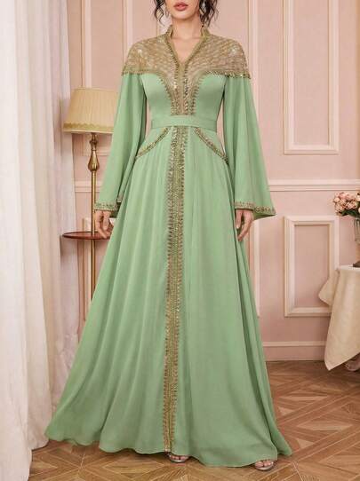 Solessence Elegante abaya formal bordada en verde lima, con corpiño con cuentas y mangas acampanadas, vestido largo adecuado para mujeres, se puede usar como vestido de Ramadán, vestido de Eid, vestido de fiesta, vestido formal de Ramadán, ropa formal modesta