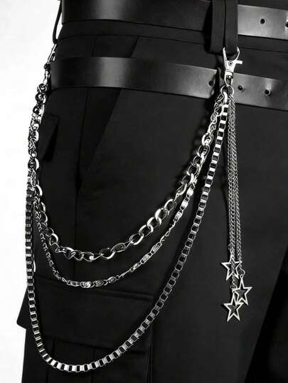 1pc Fashion Hip-Hop Star Pendant Chain Belt, Men's Patchwork Pants Chain Accessory, Metal Box Chain Punk Waist Chain