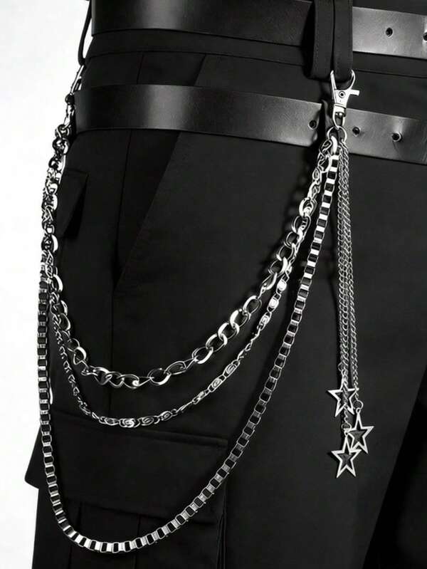 1pc Fashion Hip-Hop Star Pendant Chain Belt, Men's Patchwork Pants Chain Accessory, Metal Box Chain Punk Waist Chain