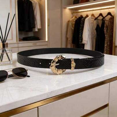 1条不对称金色鳄鱼纹压花皮革腰带，女士款 – Y2K 美学腰带，可搭配牛仔裤、连衣裙和街头服饰