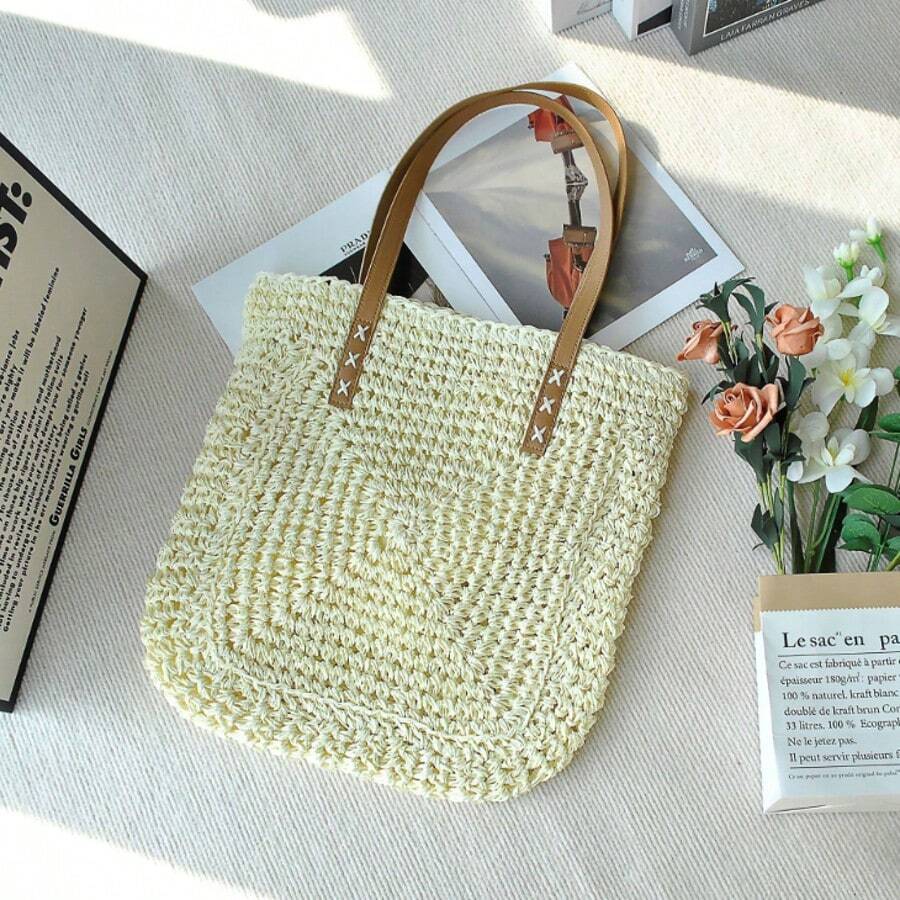 Large Capacity Straw Tote Bag / Handwoven Women's Handbag / Versatile Casual Beach Bag - White - View 1