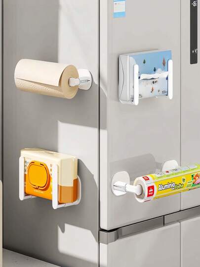 2pcs Japanese Style Fridge Magnetic Storage Rack, Extendable No Drilling Required, Cling Film & Wet Wipes Organizer, Kitchen Storage Hanging Rack