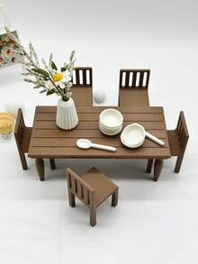 Mesa de Jantar Miniatura de Plástico Impressa em 3D, Decoração de Móveis de Micro Casa de Bonecas, Acessórios Modelo Miniatura para Casa, Adereços de Cena de Restaurante de Casa de Bonecas, Mesa Pequena, Cadeira com Encosto, Vaso, Modelos de Móveis em Micro Escala, Adereços de Fotografia de Micro Cena - Mesa de nogueira - Visão 8