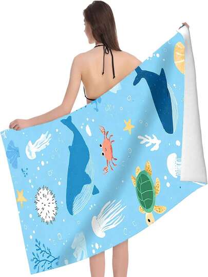 1pc Coastal Elements Printed Beach Towel - Ultra-Fine Fiber, Soft, Quick-Dry, Super Absorbent Knitted Fabric, Suitable For Travel, Yoga, Swimming And Picnic | Lightweight And Fashionable Design, Beach Essential | Modern Towel | Super Absorbent Towel