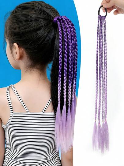 1pc 20 Inch Gradient Purple Silver Thread Braids Hair Extensions With Rubber Bands Rainbow Braided Synthetic Hairpieces Ponytail Hair Accessories False For Girls Hair Hairpieces In The Party Cosplay