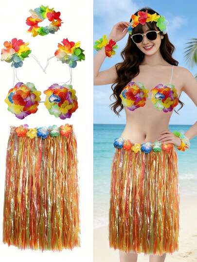 1/4/5/6件套夏威夷草裙舞派对套装：草裙+热带配饰套装 - 成人完整草裙装扮，完美适用于夏季海滩派对、生日派对、万圣节、化装舞会和热带主题活动