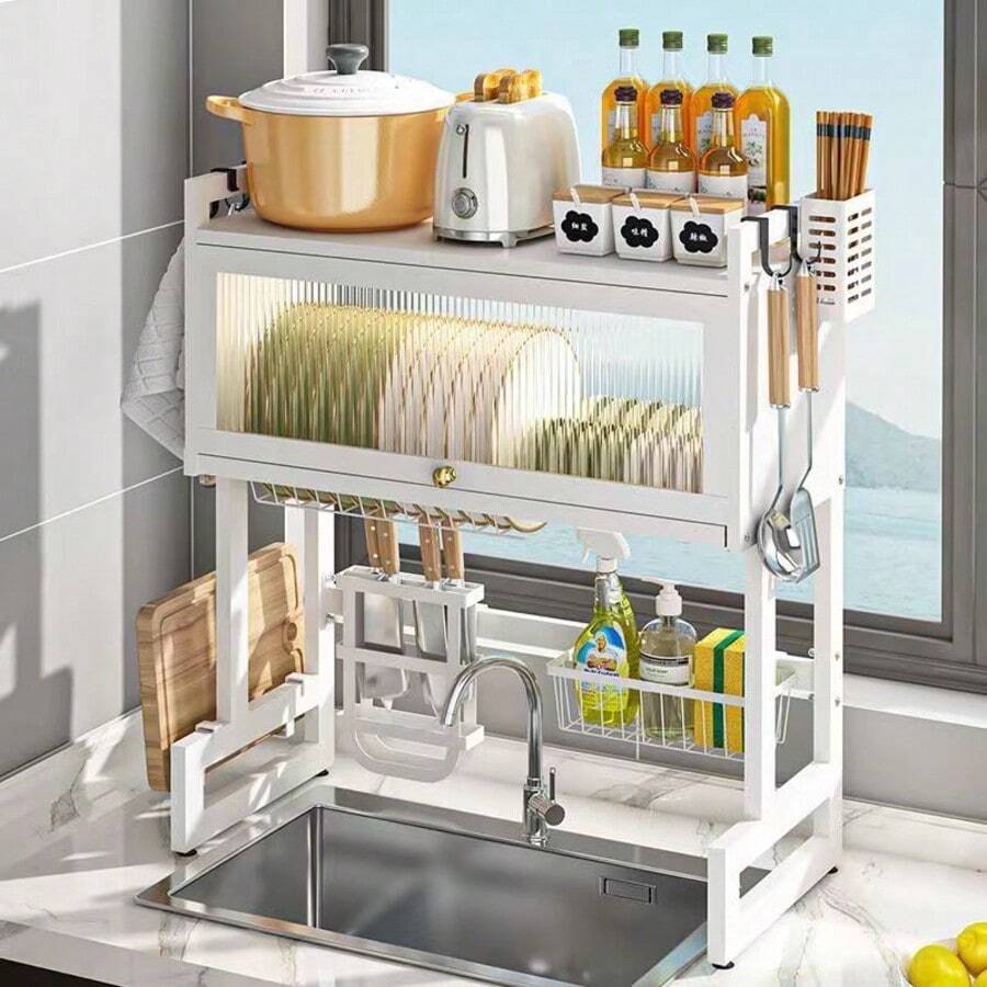 65cm Dish Rack Organizer with Door, Large Kitchen Dish Drainer, Dish Drying Rack, Utensil Drainer - Ver 1