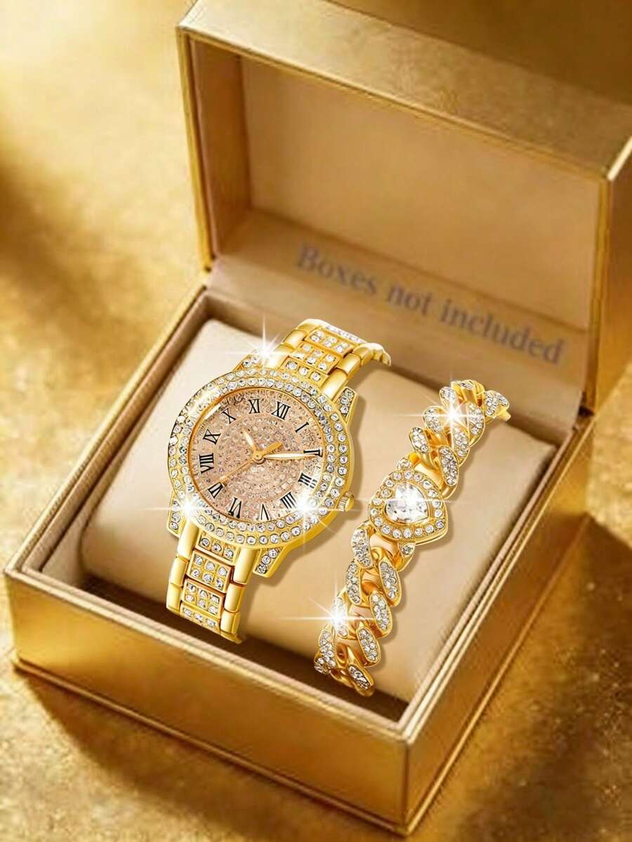 女士手表套装，时尚优雅圆形石英表，镶嵌水钻，配有同款手链，适合日常佩戴，生日礼物（不含礼盒）