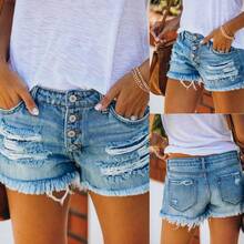 2026 Women Denim Shorts High Waist Ripped Jeans With Tassel Decoration Straight Buttons European American Style Summer Casual Fashion - 淺藍 - 查看 10