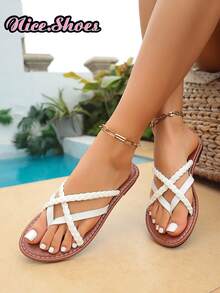 女士新款时尚休闲日常穿着扁平编织带交叉系带罗马风格沙滩凉鞋，轻便舒适的一脚蹬人字凉鞋，颜色有金色、黑色、棕色、巧克力棕色、银色 - 白色 - 查看 6