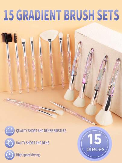 ronshadow 15pcs Iridescent Crystal Handle Makeup Brush Set, Ultra Soft Powder & Eyeshadow Brushes, High-Quality Beauty Tools