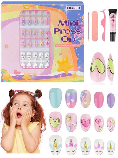 EBANKU 78pcs Kids Press-On Short Colorful Heart Fake Nails Set, Full Cover Nail Stickers For 8-12 Years Old Girls