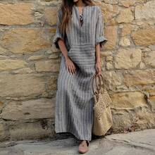Popular European And American New Cotton Linen Striped Loose Fit Dress Women Summer Casual Vacation Beach Mini Dress 2024 New Arrival - Sọc xanh - Xem 5