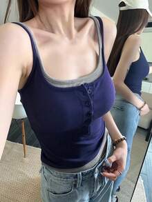 Layered Contrast Color Camisole With Padded Bust, American Style 2 In 1 Cropped Backless Top Casual Summer - Navy Blue - View 2