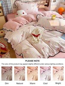 2/3件套粉色条纹蝴蝶结印花荷叶边被套套装，可爱公主风双层涤纶被套和枕套套装，适合卧室、客房，四季皆宜，柔软透气，经久耐用，可机洗，送给女性、大号、特大号床的礼物（1个被套+1/2个枕套，不含填充物） - 粉色 - 查看 5