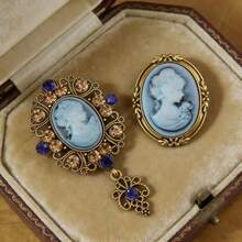 2 pezzi Set di spille vintage di lusso stile palazzo con testa di donna in rilievo, spilla vintage glamour per cappotto, maglione, tailleur, adatta per occasioni formali, feste, vacanze, regali - Blu - Visualizzare 6