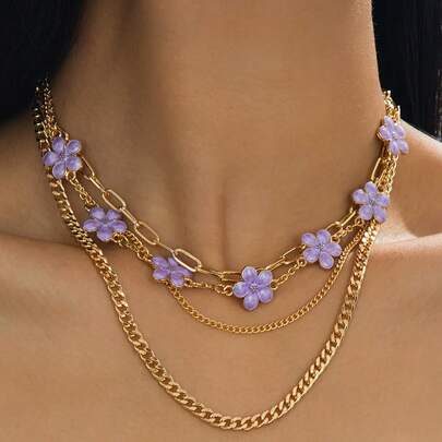 优雅个性化紫色花朵吊坠项链手链耳环首饰套装，百搭高端女士礼物