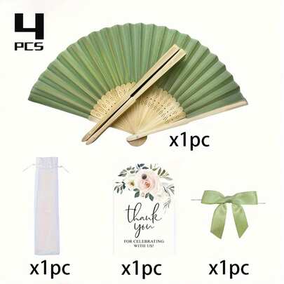 Bộ quạt xếp màu xanh lá cây dành tặng cô dâu/chú rể, thích hợp trang trí tiệc cưới và sinh nhật, kèm nơ xanh, thiệp và túi vải organza trong suốt, phù hợp làm quà tặng cô dâu, quà sinh nhật.