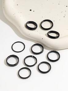 10pcs Punk Style Rings Set, Minimalist Black Plain Rings, Accessories For Women - Black - View 4