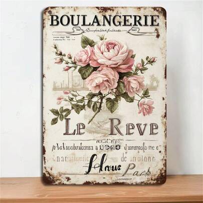 2D Flat - Vintage French Bakery Le Reve Copper Foil Metal Sign| Rustic Shabby Chic Pink & French Bread House Decoration, 78.7x 118.1inch Durable Iron Art Paris Wall Art Poster, Suitable For Kitchen, Cafe, Farmhouse - Includes Easy-To-Install Accessories