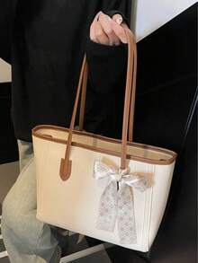 Fashionable Solid Color Scarf Decor PU Tote Bag, Large Capacity Commuter Vintage Minimalist Shoulder Bag, Versatile Handbag Suitable For Women - 米色 - 查看 8