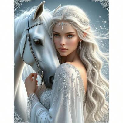 1件套DIY白马公主5D钻石画套装，尺寸：[30*40厘米/11.8*15.7英寸] [40*50厘米/15.7英寸/19.7英寸]，适合成人初学者DIY马赛克钻石画，全钻手工爱好，适用于客厅、卧室、办公室墙面装饰画，是送给家人和朋友的惊喜礼物，无框。