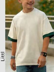 Boys Minimalist Contrast Cuff Cream Loose Basic Casual Summer Short Sleeve Tee - Apricot - View 2