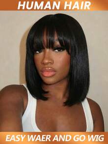 Silky Straight With Bangs Glueless Human Hair Wigs Machine Made Wigs Bob Shoulder Length Wigs For Women 180% Density - Natural Black - View 4