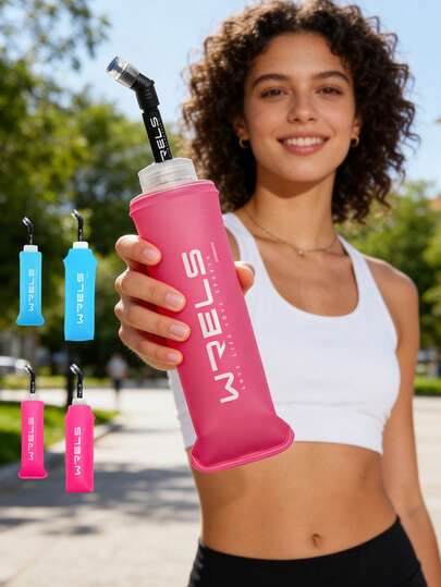  1 Set Botella de agua plegable WRELS con pajita, a prueba de fugas, ligera, de material de silicona, portátil, adecuada para correr, fitness, ciclismo, camping, deportes al aire libre y accesorios para bicicleta