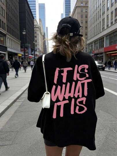 Plus Size Women "It Is What It Is" Letter Print Casual Round Neck Short Sleeve T-Shirt, Loose Fit Summer Top For Curvy Ladies Black