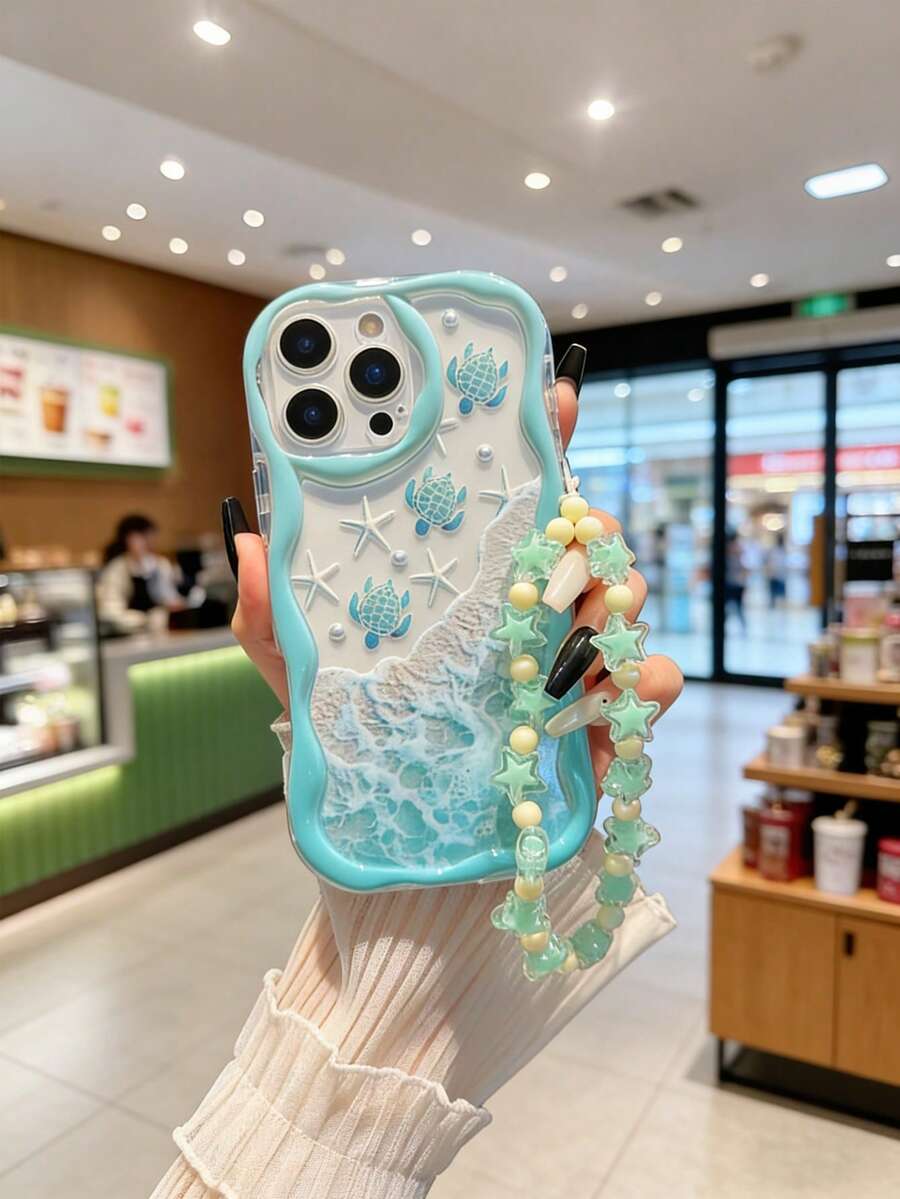 Cream Wavy Edge Glossy Oil Seawave Sea Turtle Painted Anti-Drop Phone Case With Handmade Beaded Bracelet, Suitable For IPhone XR/7/8, 15 Pro Max, 13, 14, 11, Soft Case, Suitable For Galaxy S24, Galaxy S24+, Galaxy S24 Ultra, Galaxy S22, Galaxy A13 4G, Galaxy A52, A52s 5G, Galaxy A23, Galaxy A35, Galaxy A25, Galaxy A73, Note 11, 11 Lite