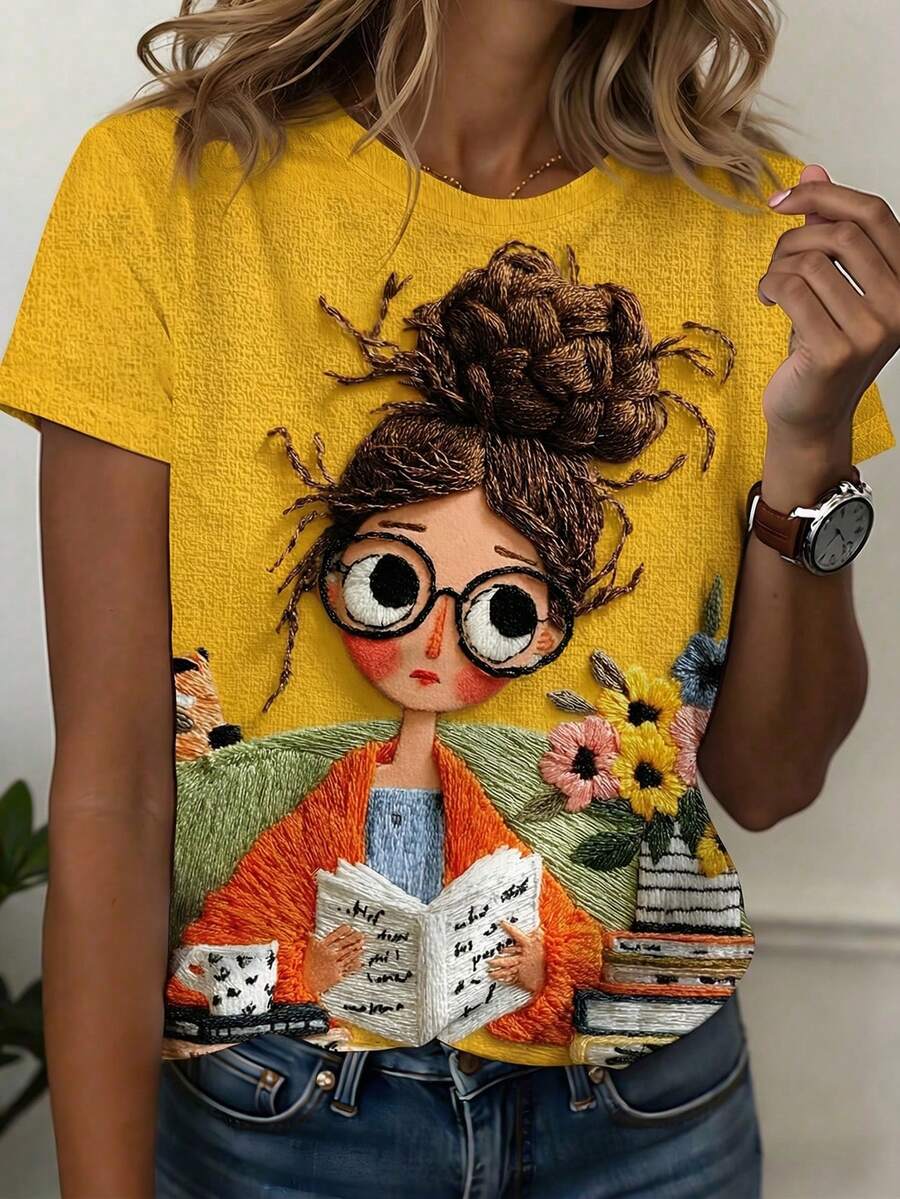 Áo thun in hình cô gái dễ thương đang đọc sách, áo thun cổ tròn tay ngắn dáng casual dành cho nữ, trang phục mùa xuân và hè. - Màu vàng - Xem 1