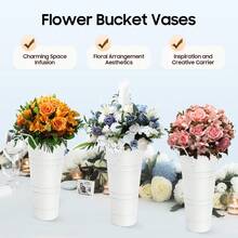 8Pcs White Metal Flower Buckets, Flower Display Buckets, Wedding Flower Display Buckets, Galvanized Metal Vases, 10 Inches Flower Vase With Handles, French Flower Bucket, Rustic Farmhouse Vases For Home Decor Wedding Table Centerpiece - A - 查看 6