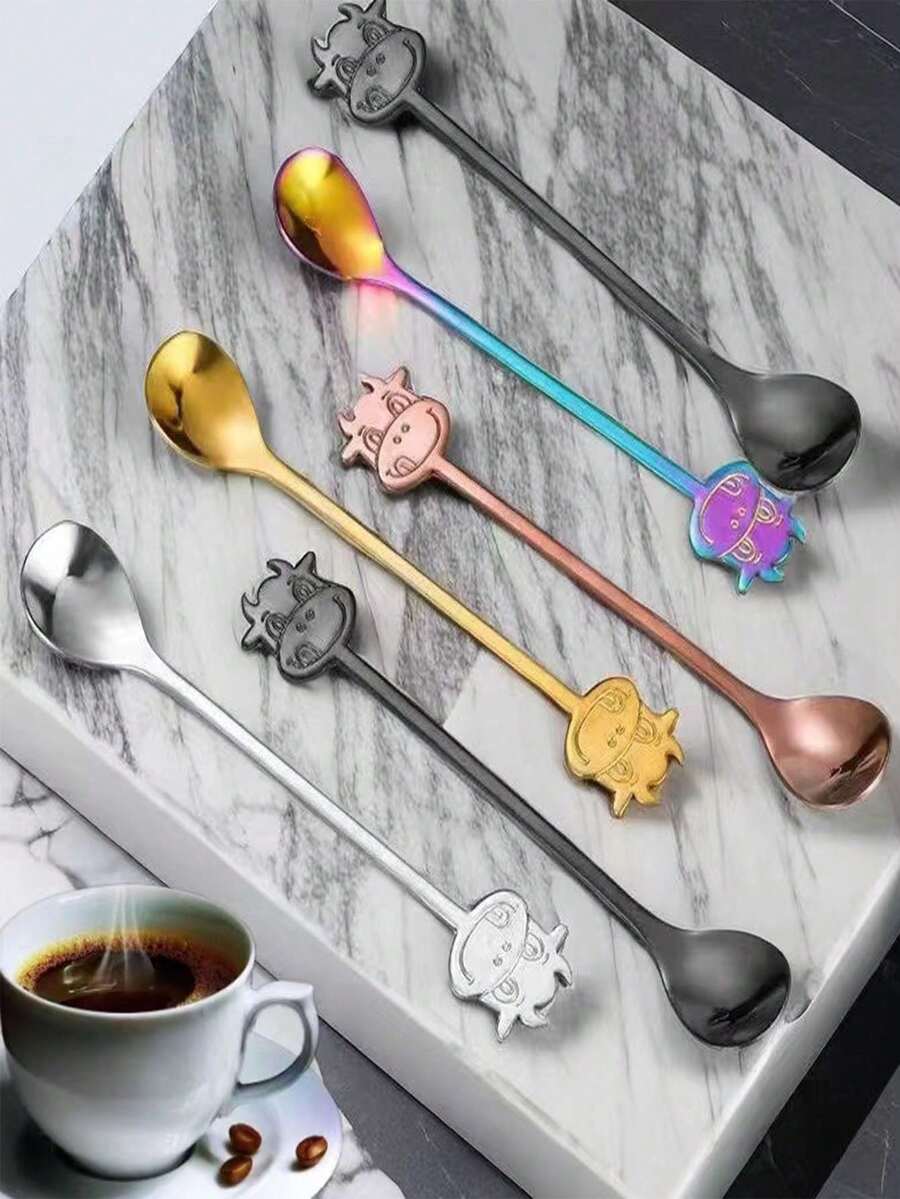 1/5pcs 304 Stainless Steel Premium Coffee Spoon, Creative Ox Head Shaped Dessert Mixing Round Spoon - View 1
