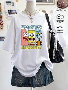 SpongeBob SquarePants T-shirt pour femmes, imprimé graphique, nouvelle collection printemps/été, vêtement de sport pour femmes, top à manches courtes doux et respirant à la mode - Blanc - Voir 1