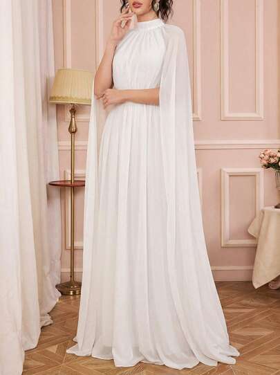 Solessence 复古纯色立领斗篷袖雪纺礼服和长裙和中裙