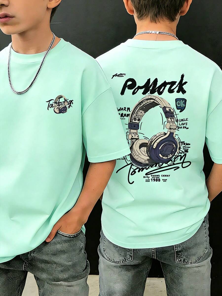 1pc Tween Boy Casual Headphone Graphic Print Short Sleeve T-Shirt, Summer Top For Young Students - Mint Green - View 1