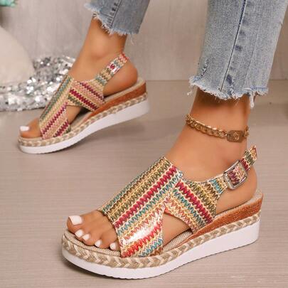 Women's Colorful Graffiti Adjustable Heel Wedge Sandals - Women's Slip-On Canvas High Heel Platform Sandals - Woven Details, Suitable For Beach Trips