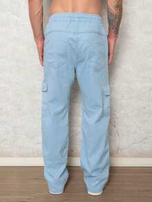 Men's Light Denim Cargo Pants With Elastic Waistband And Drawstring - Skater Style - 淺色水洗藍 - 查看 2