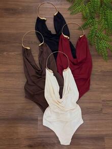 Women's Bodysuit With Cowl Neckline, Draped Detail, And Gold Choker - Elegant And Sensual For Parties, Clubs, And Parties - 白色 - 查看 2