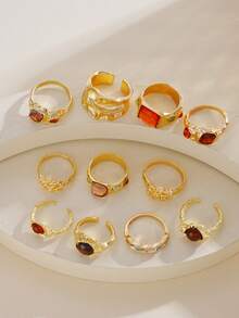 11件套女士金色复古优雅时尚夸张宽面多元素不对称荷叶边镶嵌彩色宝石可调节开口戒指套装，高端可叠戴戒指，适合女士，秋冬季、度假、派对、婚礼、日常佩戴 - 金黃色 - 查看 5