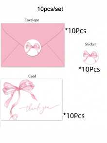 10pcs/Set Pink Bow Thank You Cards With Envelopes And Stickers Watercolor Bow Greeting Cards Pink Blank Note Cards For Wedding Birthday Bachelorette Baby Shower Party Supplies(Pink, Blue) - Multicolor - View 10