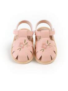 Infant/Toddler Girls' PU Leather Soft Bottom Open Toe Floral Princess Flat Sandals, Summer - Pink - View 10